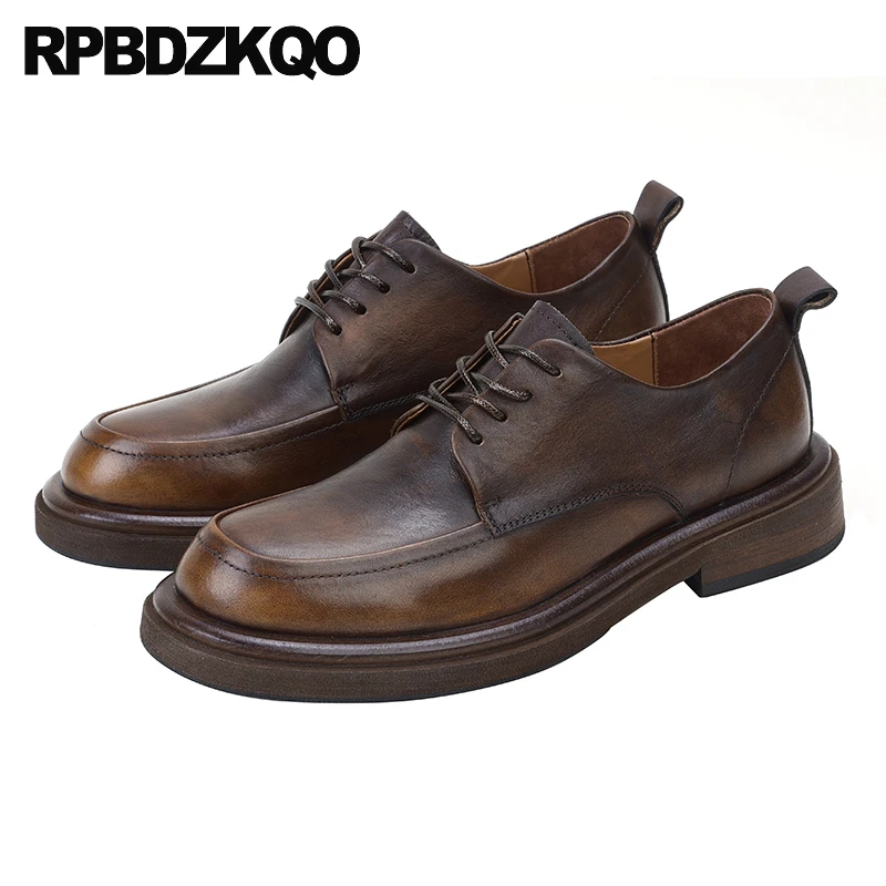 

Cowhide Formal Men Flats Round Toe Oxfords Derby Classic Dress Genuine Leather Italian Brown Shoes Lace Up High Quality Bridal