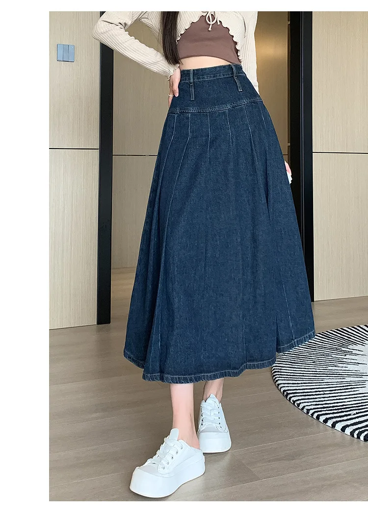 Chic Pleated Jeans Skirts Autumn Vintage High Waist Long Washing Ladies Straight Women Loose Denim Midi Skirts