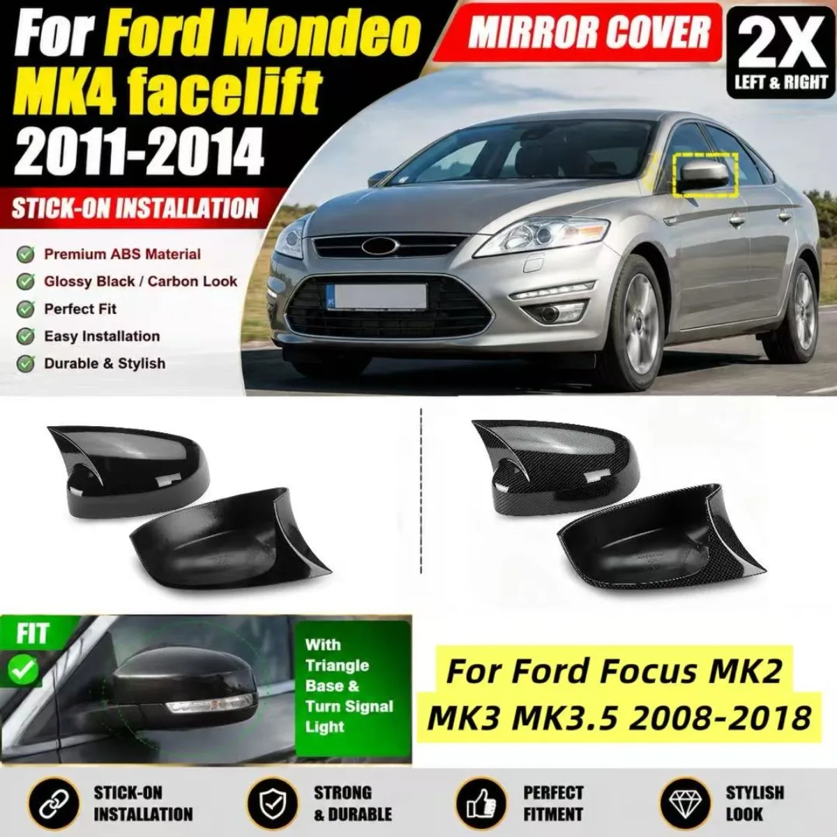 Car Side Wing Door Mirror Cover For Mondeo MK4 Mirror Cover For Ford Focus MK2 MK3 MK3.5 Add-on Mirror Caps NOT For US Version