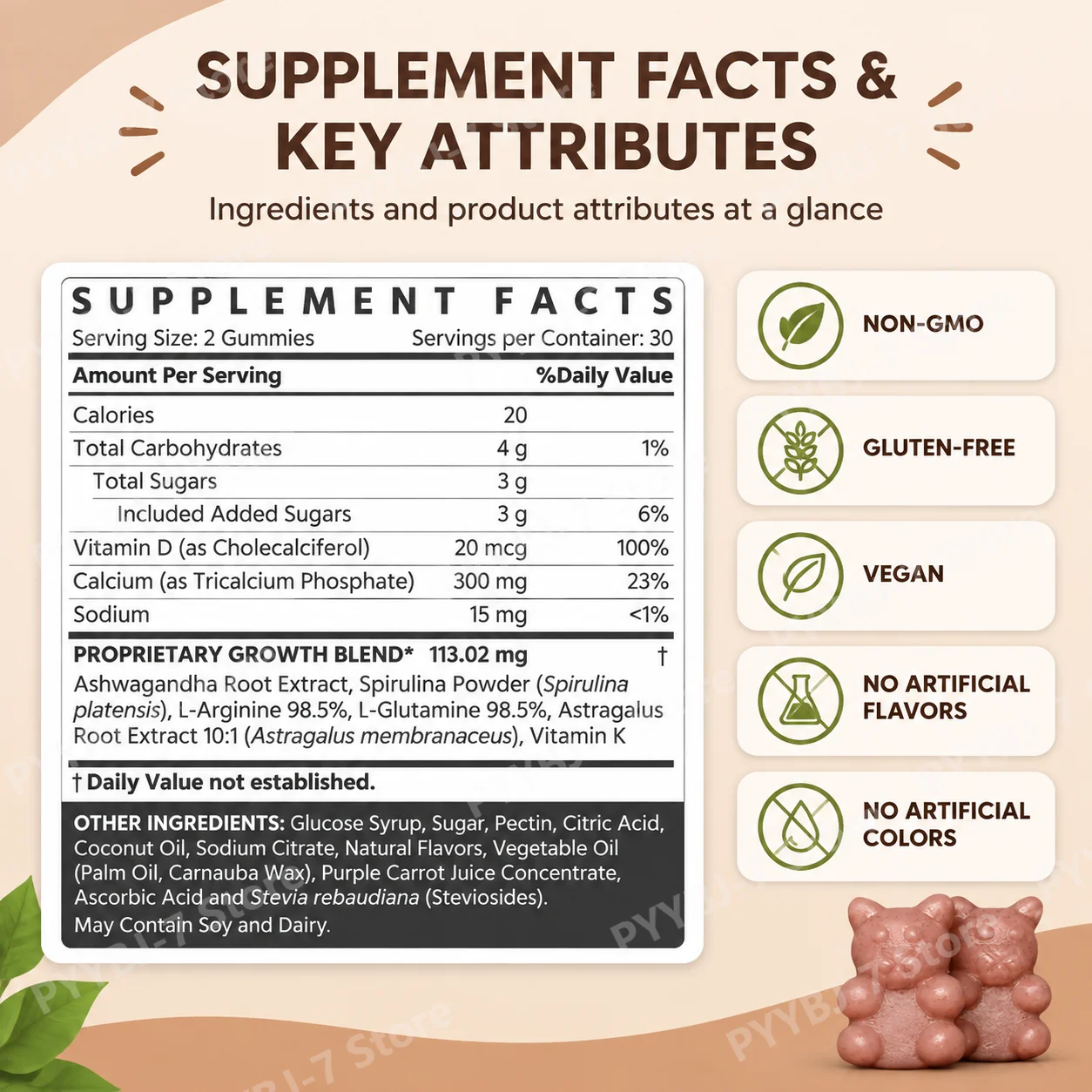 Kids Growth Gummies Multivitamin for Ages 5+ Calcium Vitamin D & K Supports Bone Growth & Development, Immune Support 60 Gummies