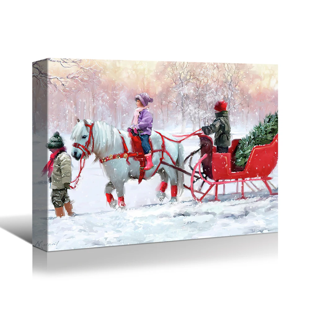 Framed Canvas Wall Art Decor Painting: White Horse with Sledge, Christmas Gift & Decor for Eve, Living Room, Bedroom.