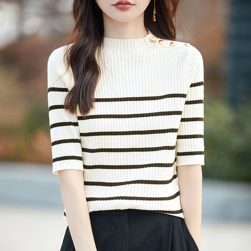 Summer New Knitted Woolen Sweater Women's Round Neck Middle Sleeve Fine Lmitation Wool Button Style Stripe Spliced Short Sleeve