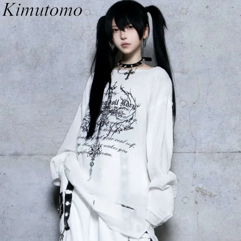 

Kimutomo футболки женские в стиле панк с перекрестным принтом Y2k эстетические Harajuku гранж свободные осенние новые модные футболки женские