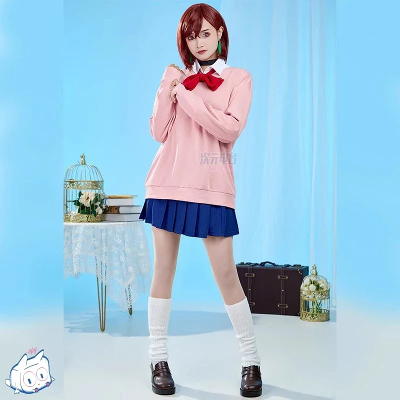 مجموعة أزياء Dandadan Anime School JK التأثيرية الوردية مع تنورة بقلنسوة وأقراط شعر مستعار مومو أيأسه ملابس حفلات الهالوين وأعياد الميلاد