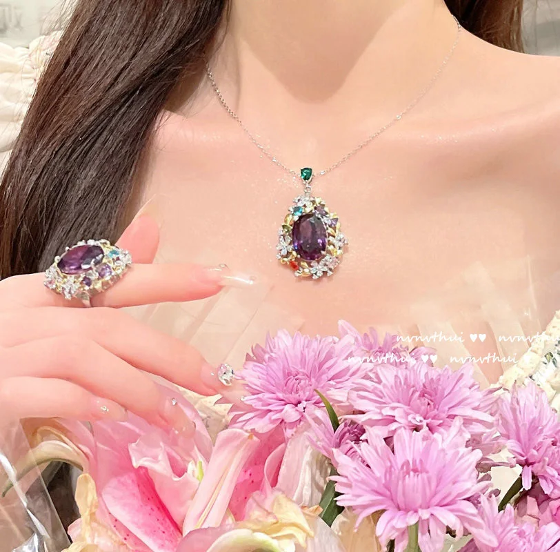 2024 Women Rainbow wreath Gemstone Necklace 18K Gold Plating Grape Purple Zircon Flower Ring Earrings