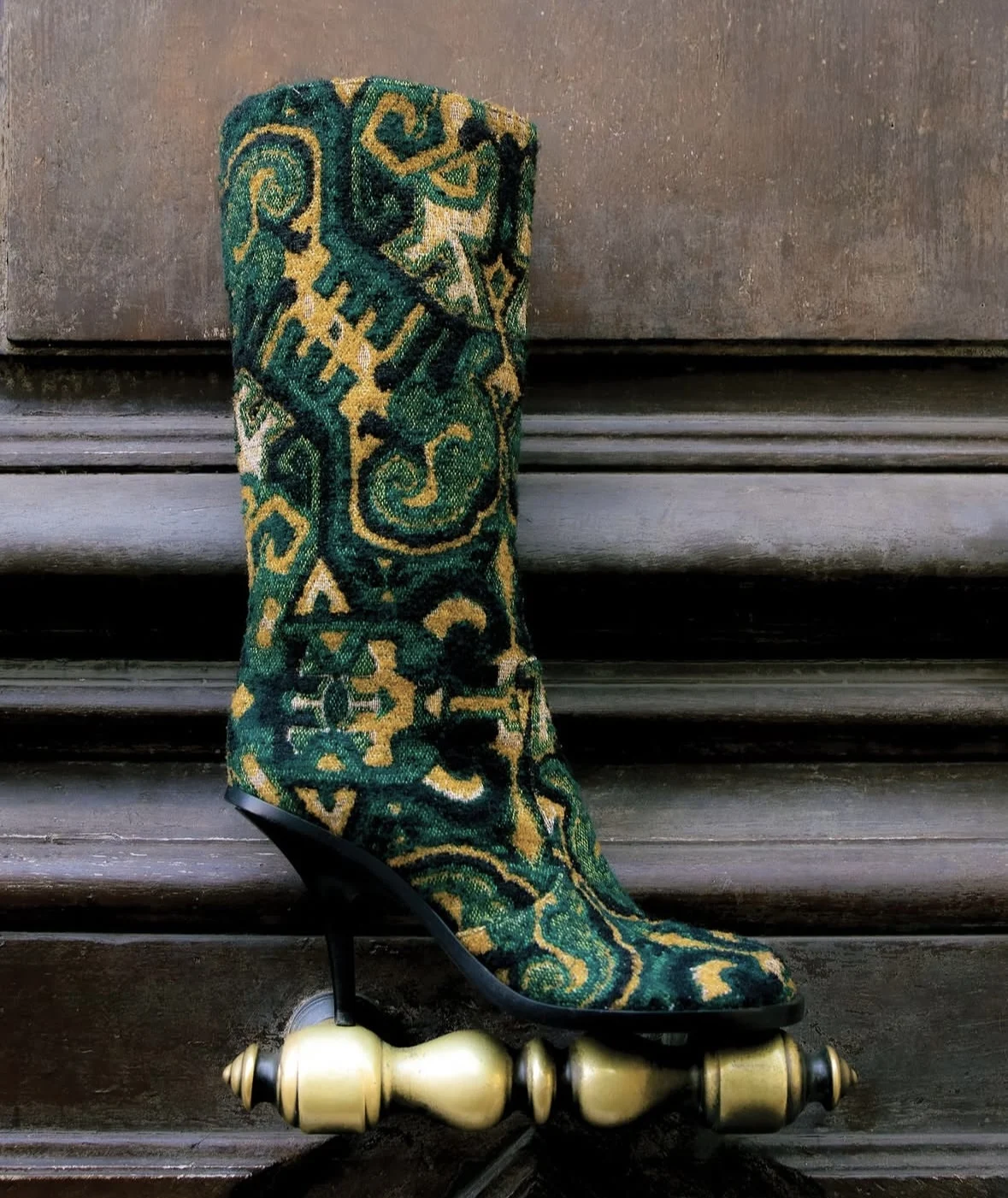 New Fall Green European Heavy Industry Pattern Mid Calf Boots Women Stiletto Heel Platform Soles Vintage Retro Party Dress Boots