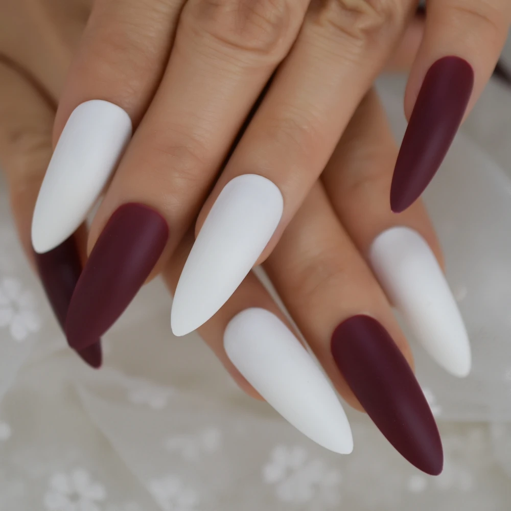 Matte Mix Burgundy White Extra Long False Nails Stiletto Tips Sharp End Stilettos Fake Nail Manicure Artificial Nails Salon