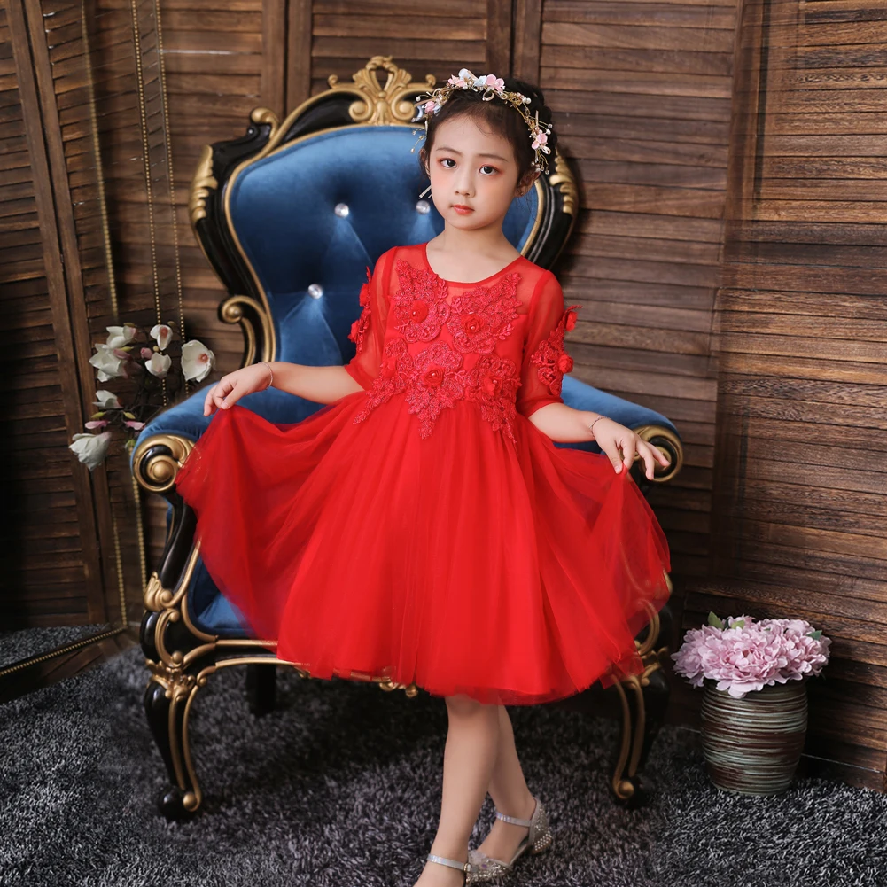 Flower Girls Short Sleeve Princess Dresses For 2 To 10 Years Old Kids Red Knee-length Embroidered Casual Dress