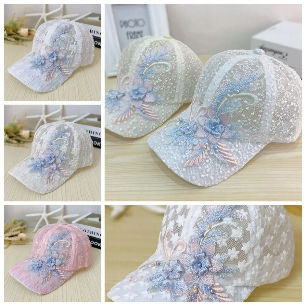 Breathable Embroidery Ladies Caps Ultra-Thin Quick Drying Summer Lace Mesh Sun Hat White Adjustable Flower Baseball Cap Female