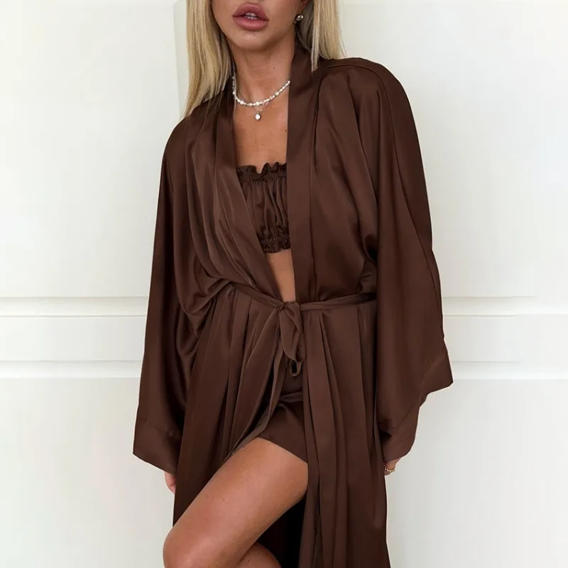 2026 Spring and Summer Fungus Edge Suspenders Shorts Three-piece Set Loungewear Nightgown Cross-border Satin Pajamas Women's Set