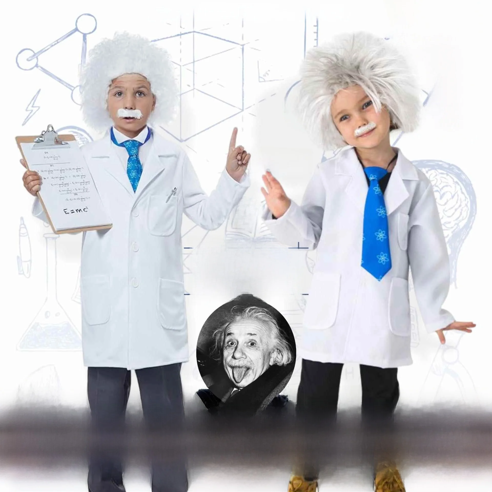 

loween Cosplay White Lab Coat Children Performance Costume Einstein Physicist Outfit Stage Performance Polyester Fiber