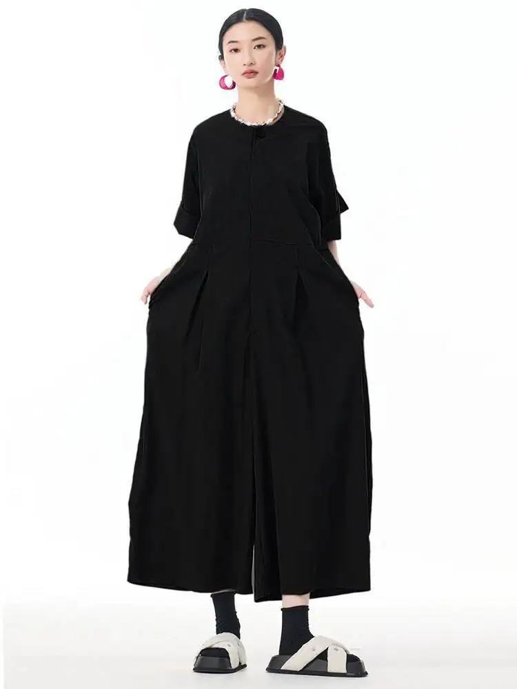 Black Pleated Big Women Size Long Jumpsuit New High Waist Pocket Stitch Pants Fashion Spring Autumn 2026 1DJ77