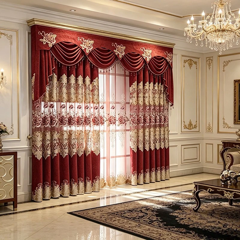 European Style Curtains for Living Dining Room Bedroom Light Luxury Snowy Embroidered Curtains Red Curtain Valance Curtain Tulle