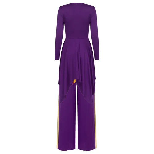 Imagen 2 del producto Traje de baile lírico de adoración de iglesia para mujer, vestido de retazos metálico de manga larga con dobladillo asimétrico y pantalones de pierna ancha