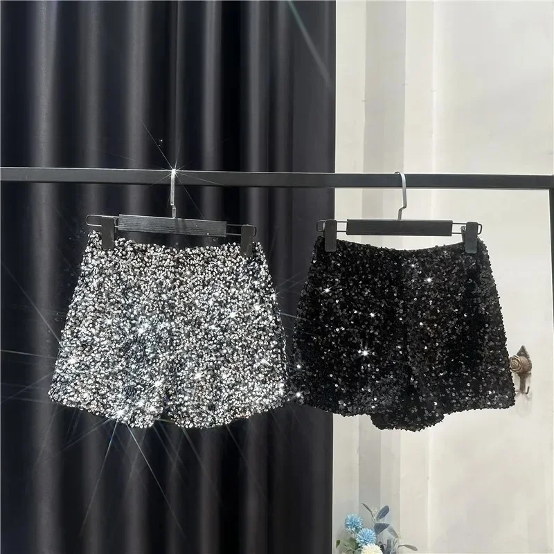2025 New Spring/Summer Black Velvet Shorts Women Sequined Shiny Versatile Short Pants Clubwear Shorts Hot Pants High Street