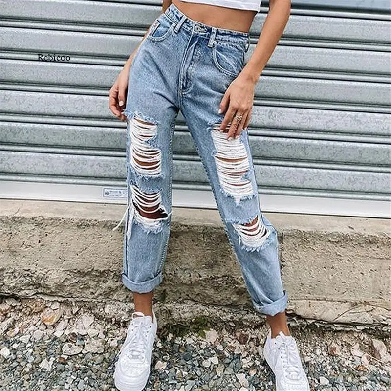 

Women Slim Elastic Hole Denim Pants 2021 Fashion Modified Leg Jeans Button High Waist Pocket Pants Female Classical Trousers Pop