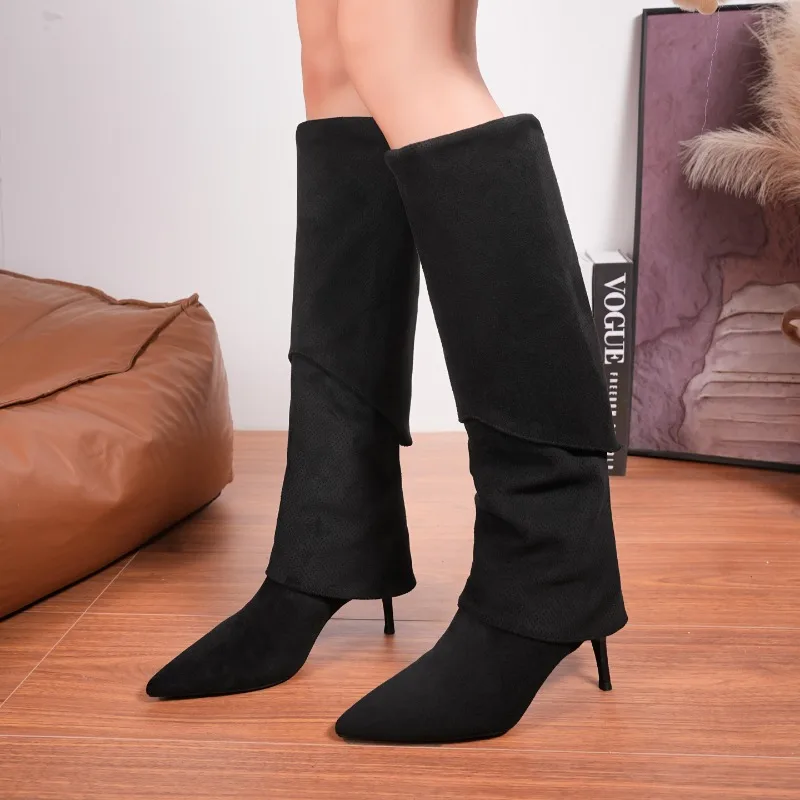 2026 Autumn and Winter New French Temperament Tall Pleated Design Pile High Heel Retro Versatile Women's Shoes