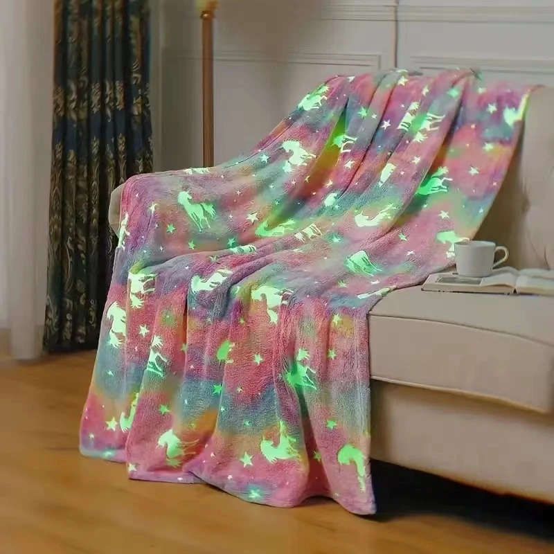 Warm and soft night light flying unicorn blanket, suitable for beds, reclining chairs, cars, offices. Suitable for all seasons.