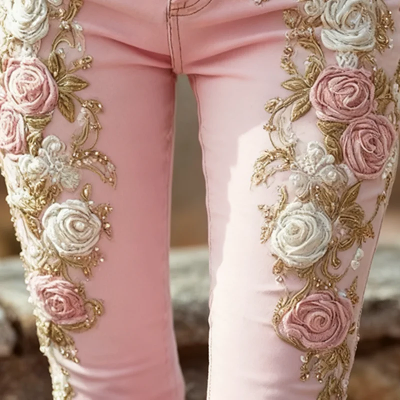 Jeans romantici con stampa floreale rosa rosa Pantaloni da donna eleganti con bottoni vintage Pantaloni chic slim a vita alta autunnali Harajuku Mujer