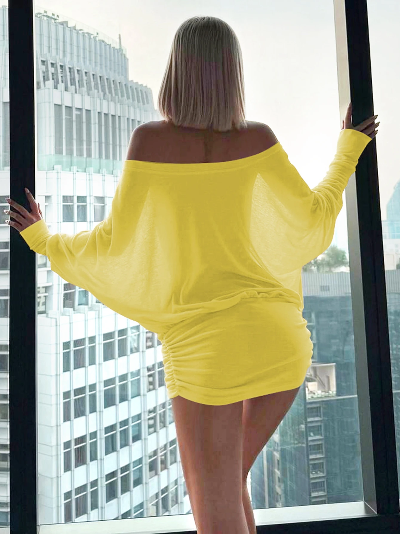 Dulzura Off Shoulder Long Sleeves Ruched Patchwork Mini Dress Women’S Sexy Elegant Casual Outfit Party Clubwear Spring Summer
