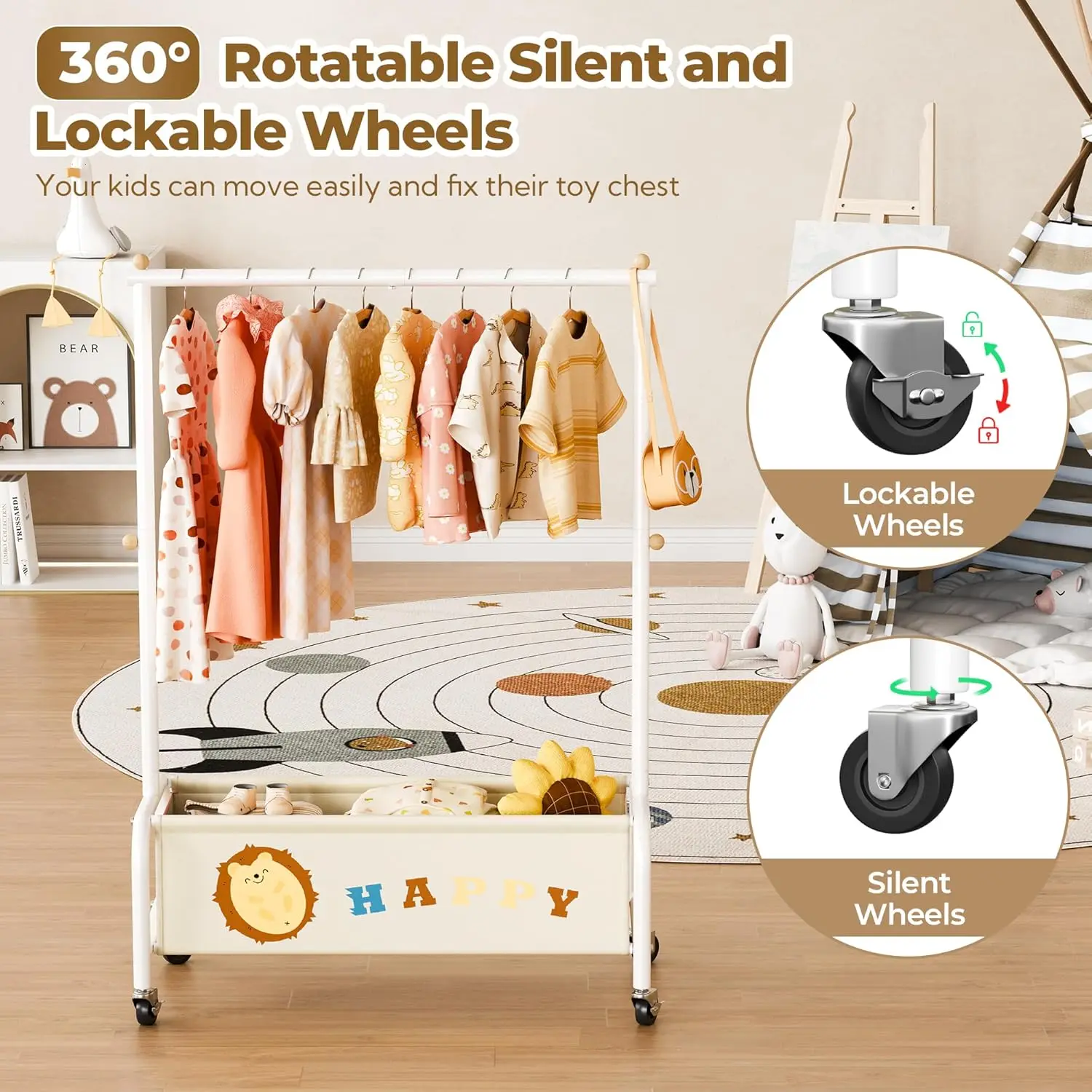 خزانة ملابس للأطفال مع سلة، رف ملابس للأطفال لملابس الأزياء والمعاطف باللون البيج