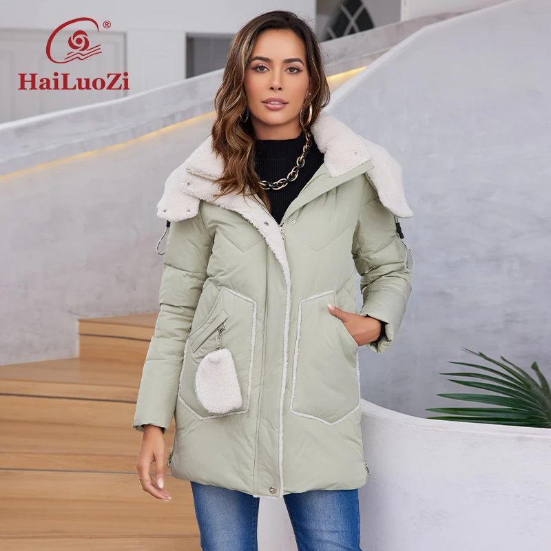 HaiLuoZi-Veste à Capuche avec Fourrure pour Femme, Vêtements d\'Extérieur Courts et Chauds, Petit Sac à Main, Manteau Matelassé à Fermeture Éclair,