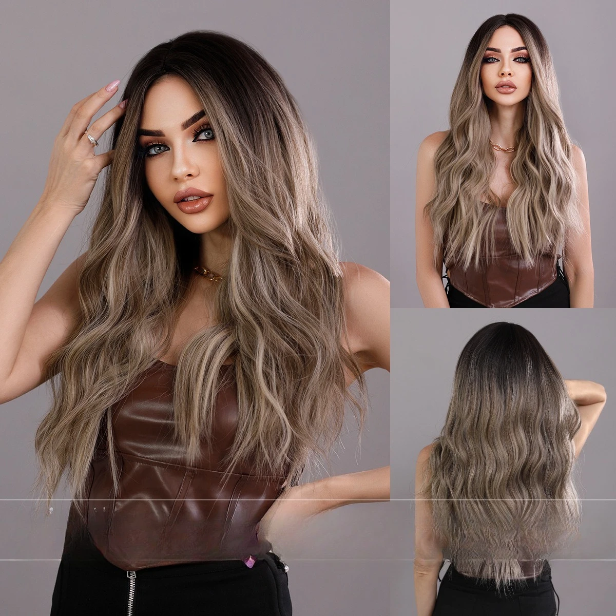 Wig female medium division long curly hair wavy wig gray gold highlight dye top dye chemical fiber whole hair cover