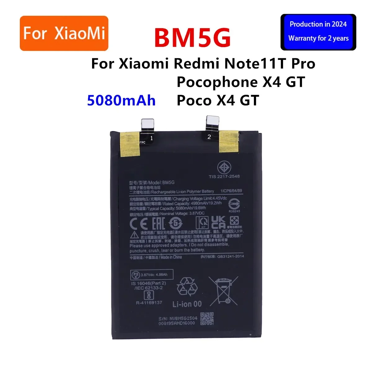 

New years Orginal BM5G 5080mAh Replacement Battery For Xiaomi Redmi Note11T Pro / Pocophone X4 GT / Poco X4 GT Batteries