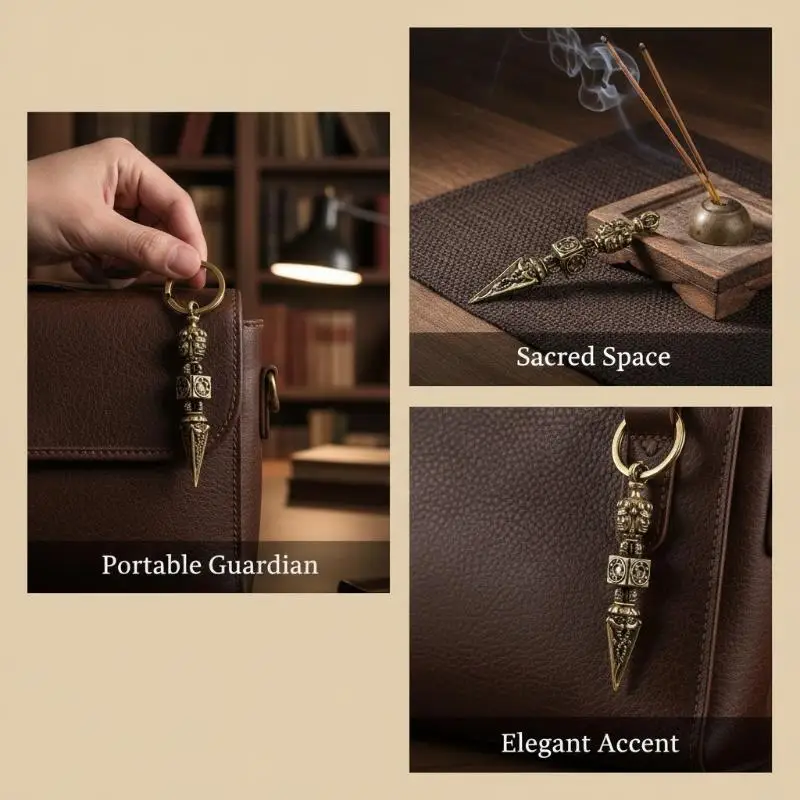 Retro Brass Vajry Pestle Charm Keychain Handmade Spiritual  Pendant Mini Vintage Ornament for Purse Key Ring Holiday Gift for F