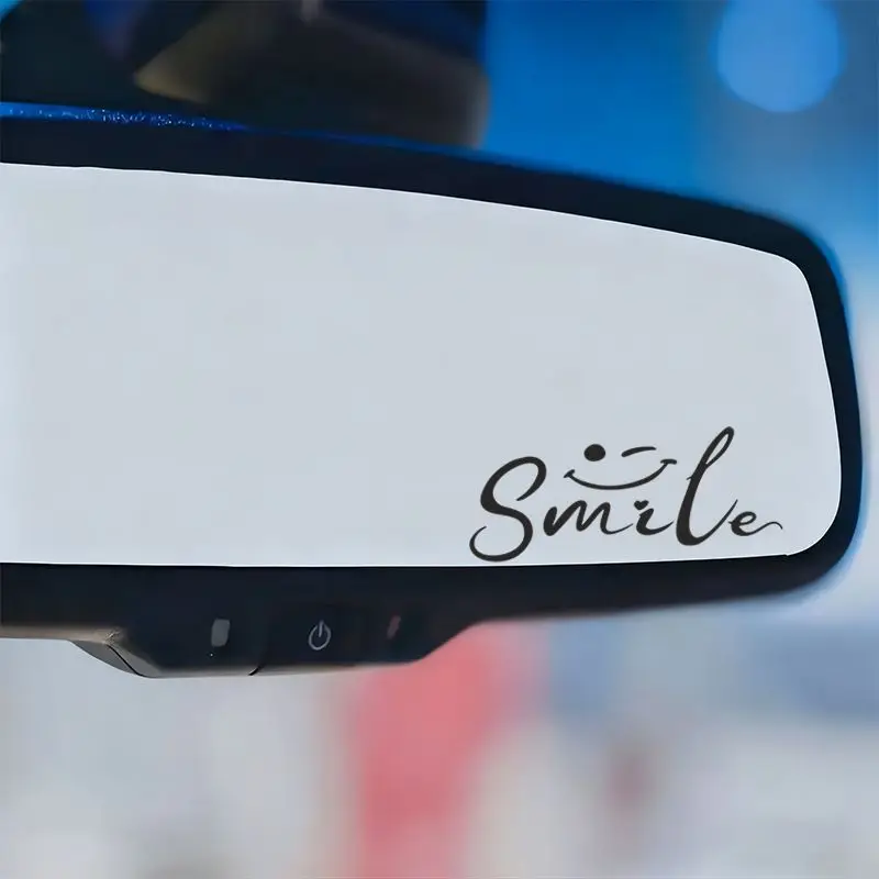 Smile Word With Cute Smiley Face Vinyl Rearview Mirror Decal, Handwritten Letter Removable Mini Decor Sticker for Car Interior