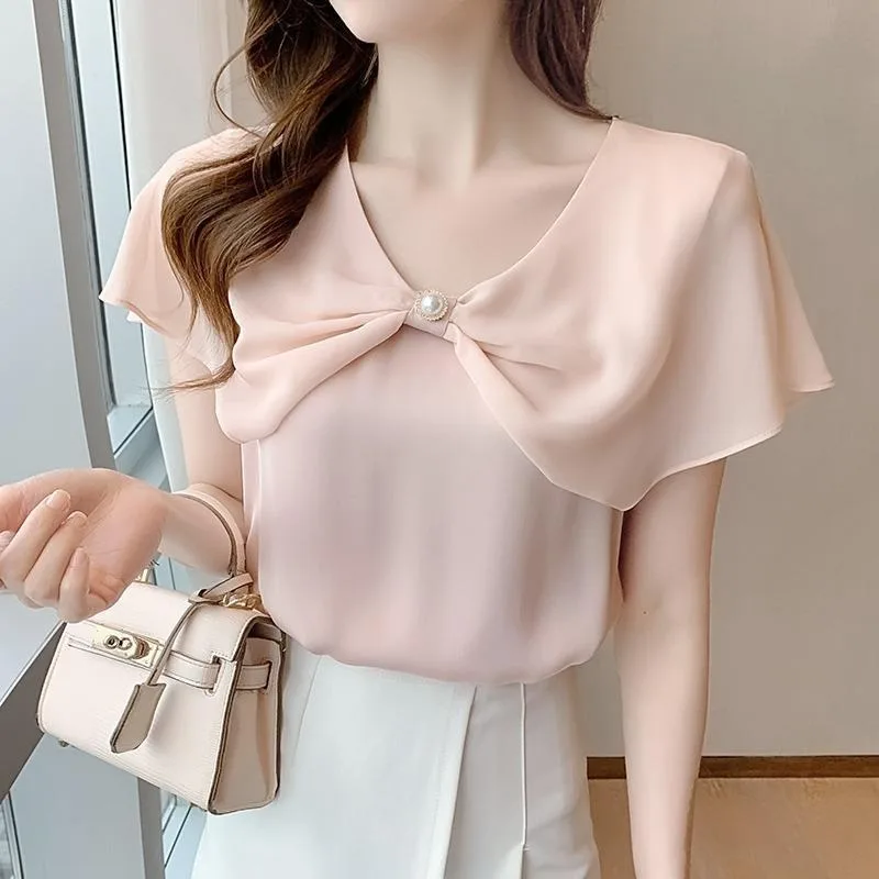 

Womens Dressy Chiffon Blouses Summer Puff Petal Butterfly Knot Korean Pullover Short Sleeve Shirts V Neck Casual Work Tops