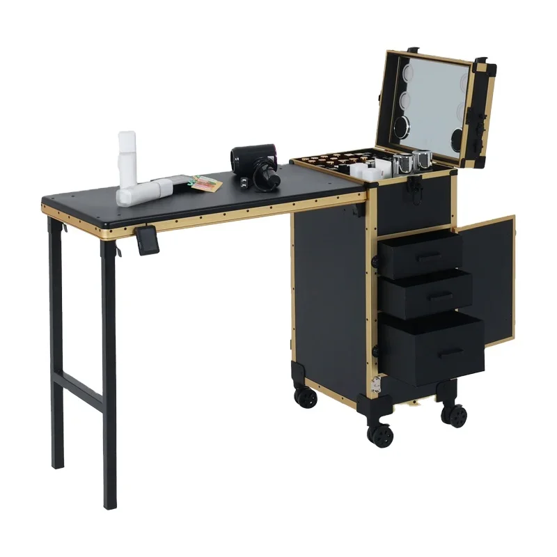 Lockable Makeup Train Case Foldable Nail Table Portable Rolling Nail Table with 3 Drawers Nail Art Cosmetics Suitcase