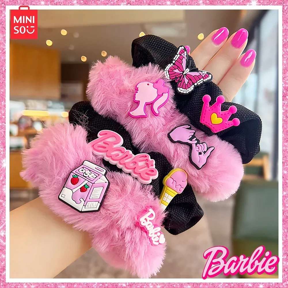 Miniso 4-Pcs 2024 Barbie Y2K Spicy Girl Cute Crown Plush Large Intestine Hairpin Girl Rose Pink Hair Rope Hairpiece Gift