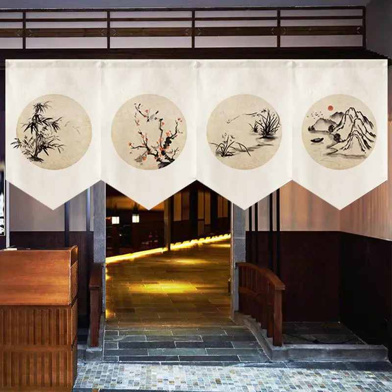 VIKAMA Ink Landscape Triangle Hanging Flag Short Curtain Eastern Chinese Style Hanging Flag Tea Room Kitchen Bedroom Door Decor