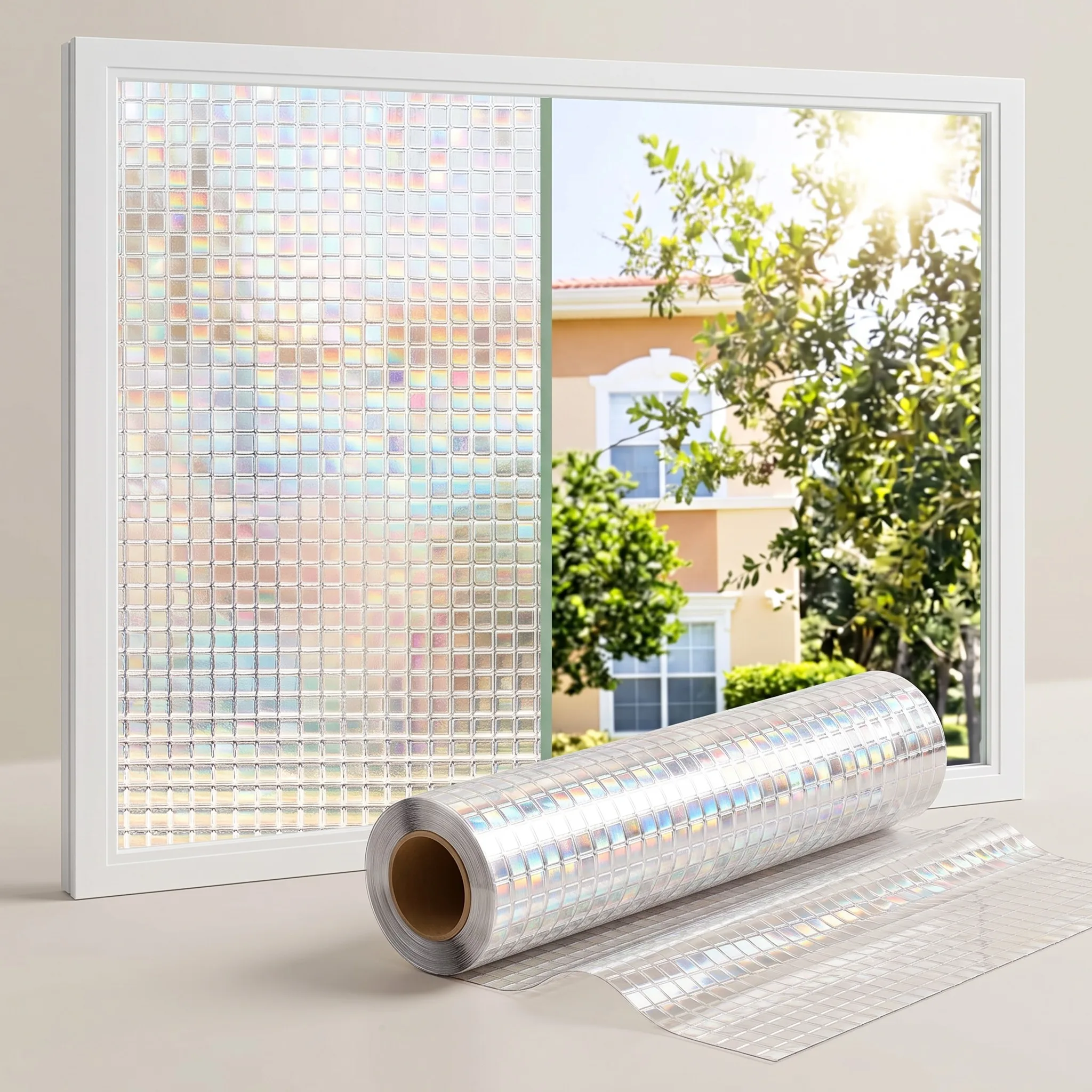 Holographic Mosaic Window Film Privacy Decorative Rainbow Static Cling for Home Bathroom Living Room Glass Door Decor