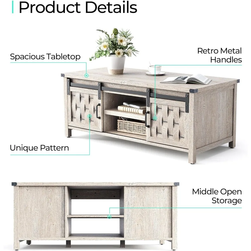 Table basse en effet 47 avec rangement et portes de grange coulissantes, table à cocktail de ferme et industrielle avec étagères réglables