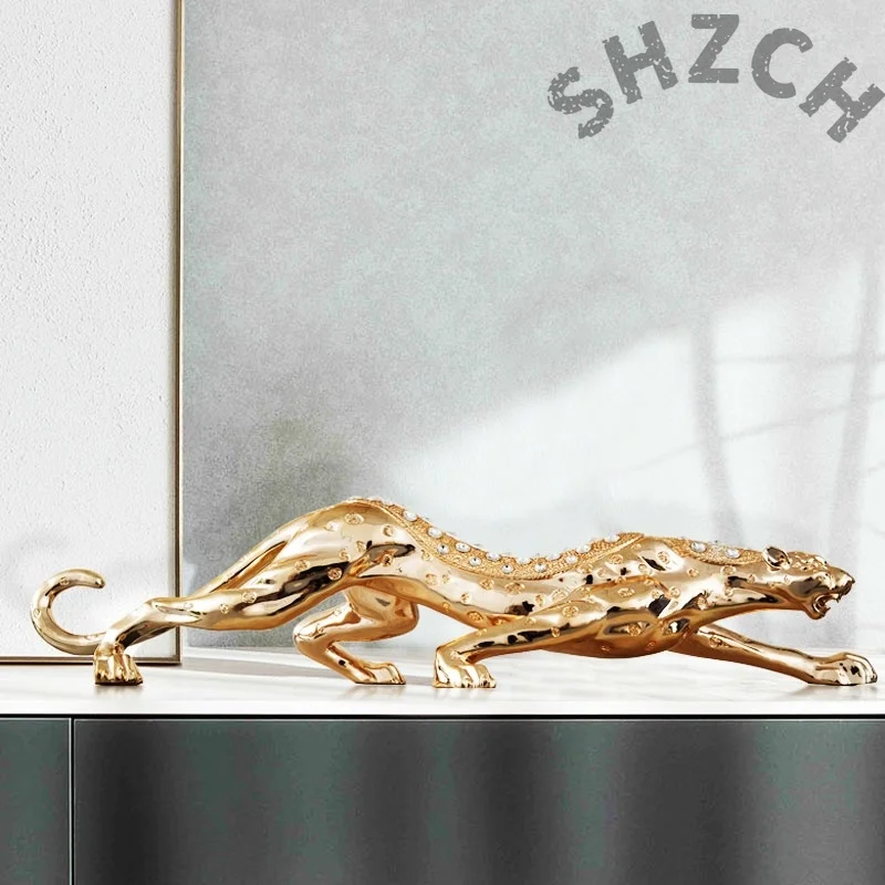 Animal Leopard Statue Ornaments, Golden Leopard Sculpture, Luxury Artworks Desktop Decoration, Creative Crafts Decor, Customize