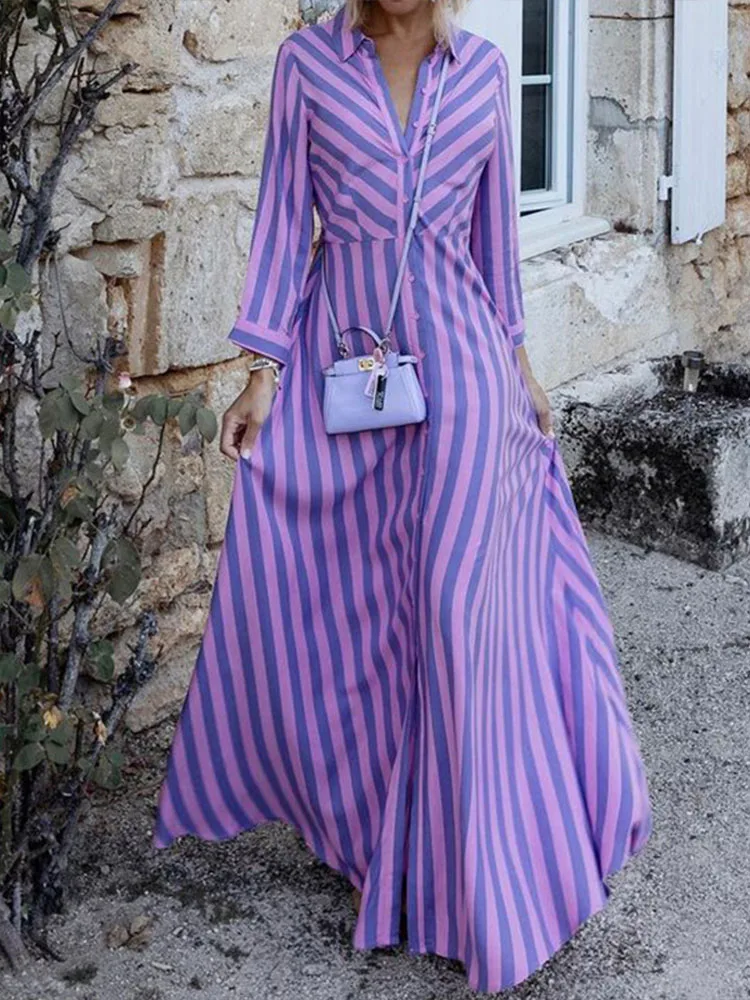 Nova moda casual férias rua camisa maxi vestidos para as mulheres primavera outono roupas turn-down colarinho manga completa vestido listrado