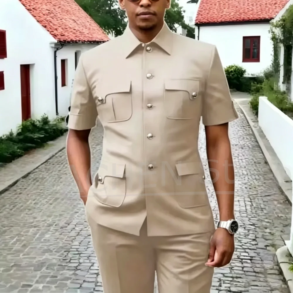 Men Short Sleeve Two Piece Suit Set Multi Pocket Design Blazer and Trousers Summer Office Daily Male Formal Casual Wear