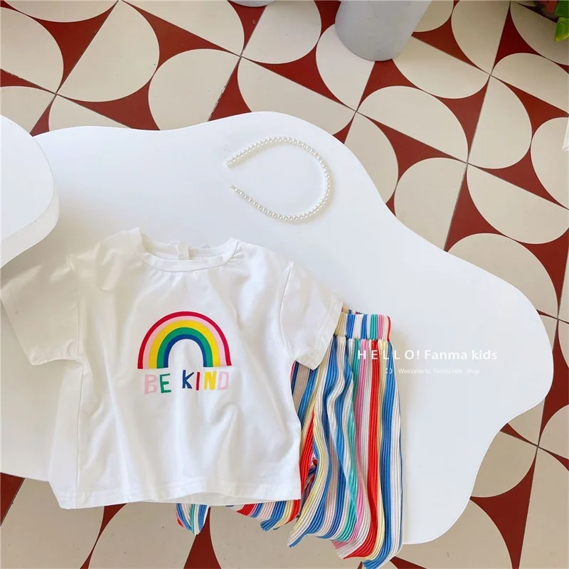 2024 Children\'s Summer Set Baby Tops and Bottoms Suit New Girl Cute Short-Sleeved T-Shirt Rainbow Pleated Pants Two-Piece 12M-8Y