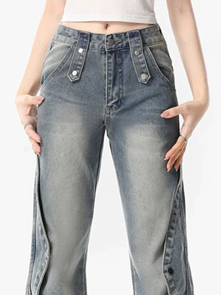 Jeans flare baggy com borlas e borlas estreladas para mulheres, vintage e simples, de cintura alta, clássico e casual, moda azul Y2K, nova, verão