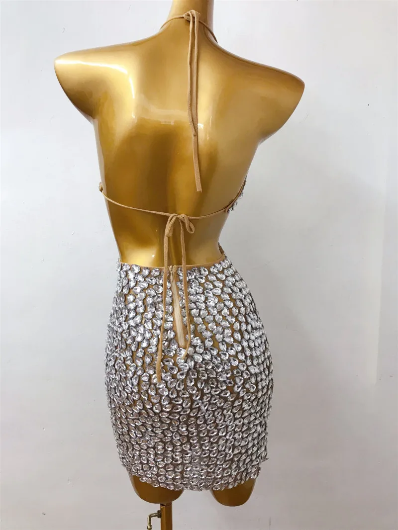 Sparkly Luxurious Big Crystal Rhinestones Backless Bandage Mini Dress Women Singer Stage Wear Celebrities Birthday Costume