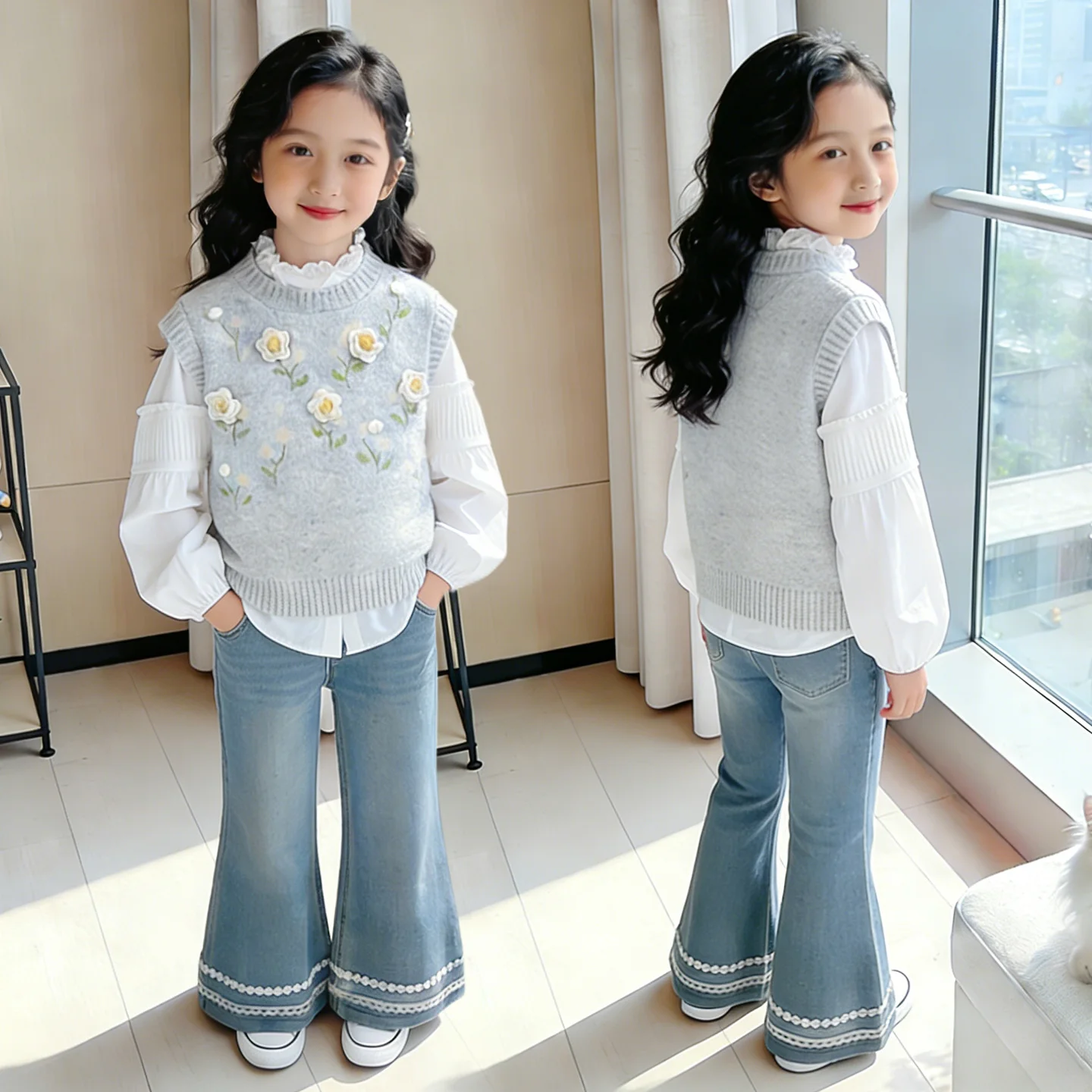 Big Teen Girls 3-In-1 Clothing Set Heather Knit Vest With Floral Appliqué + White Ruffle Blouse + Lace Trim Flare Jeans Autumn O