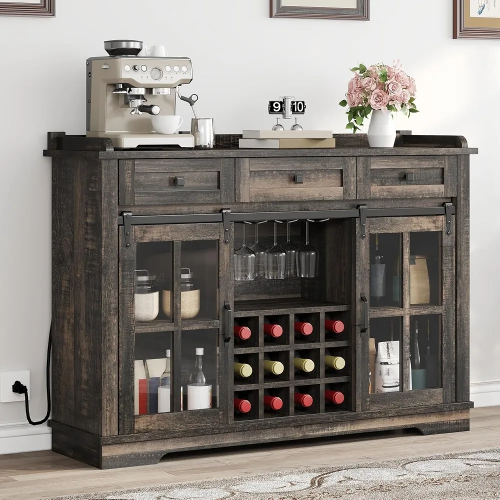 

Bar Cabinet with 3 Drawers and Glass Sliding Barn Door, 53" Bar Cabine, Farmhouse Kitchen Sideboard Buffet Coffee Bar Cabinets