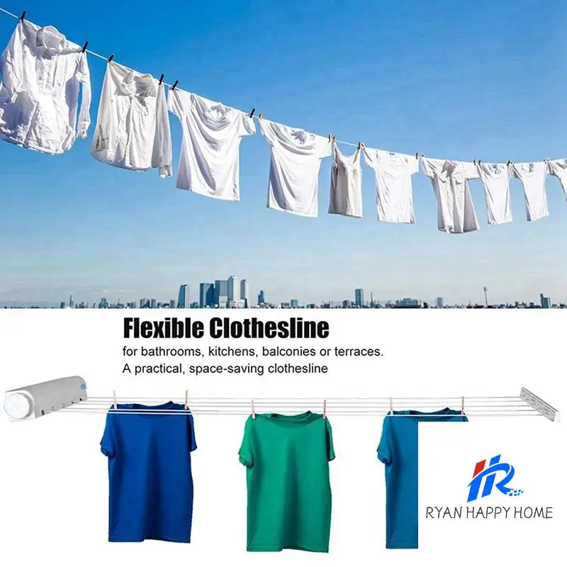 

2X Retractable Clothesline Telescopic Indoor Outdoor Wall Mounted Clothes Dryer Line Drying Rope Hanger (5 Lines)