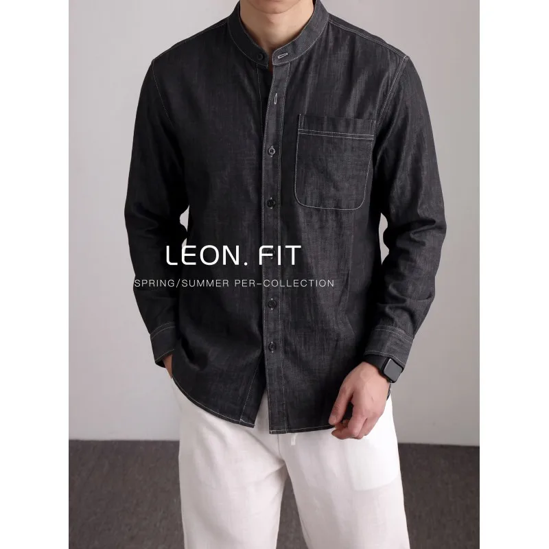 Autumn Washed Denim Shirt Men's Retro Standing Collar Long Sleeved Casual Shirt Social Business Versatile Shirts Men Clothing