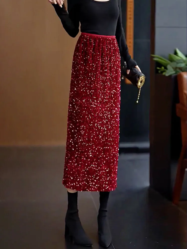 

Элегантная винно-красная длинная юбка с пайетками, эластичная, в стиле ретро, осенне-зимняя новинка, с эффектом похудения, подходит для всех типов фигуры