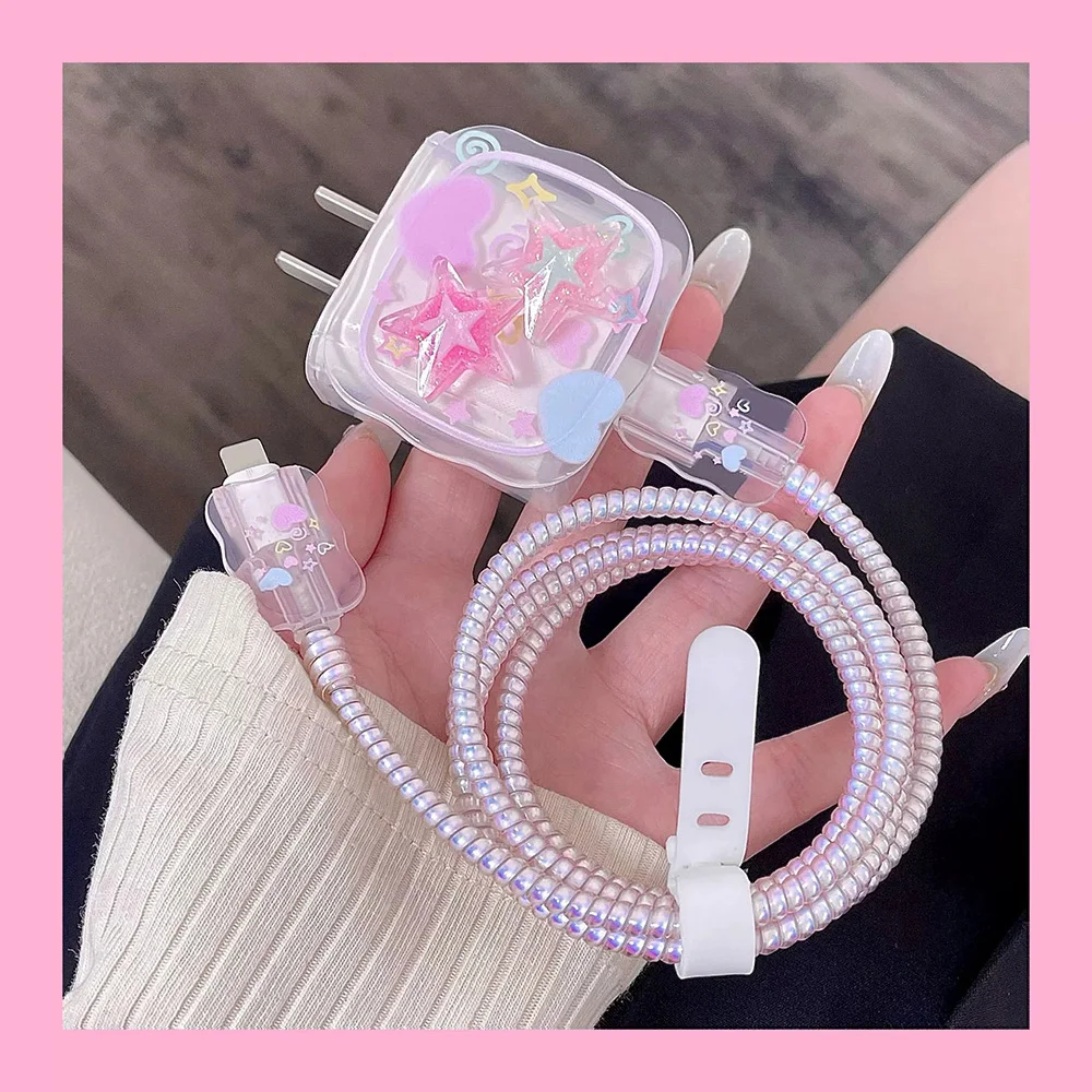 Cut Cartoon Charger Protectors Set For iPhone 17 16 15 14 13 18/20W US Charging Protector USB Data Cable Winder Soft Protection