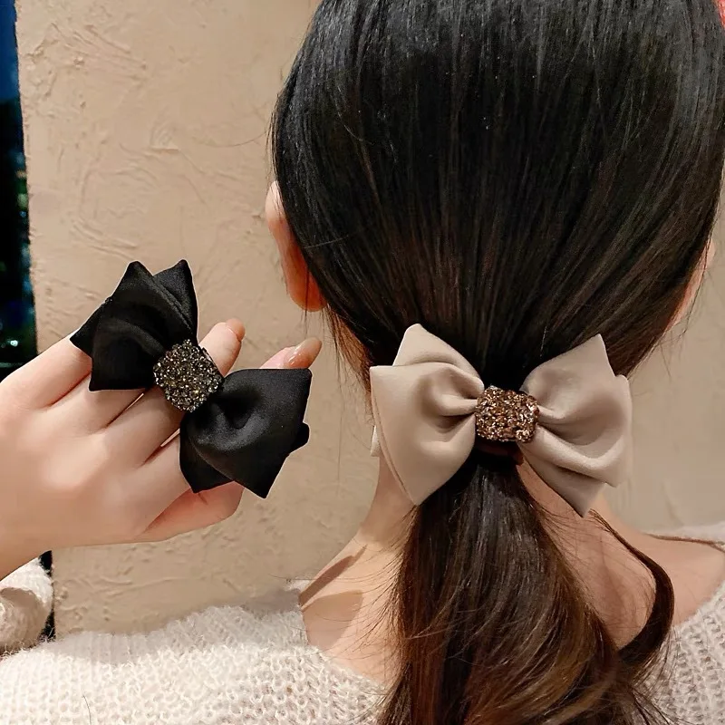 Vintage Crystal Bowknot Hair Ties Solid Color Satin Elastic Scrunchies Ponytail Holder Hair Band for Women Girls Hair Accessorie