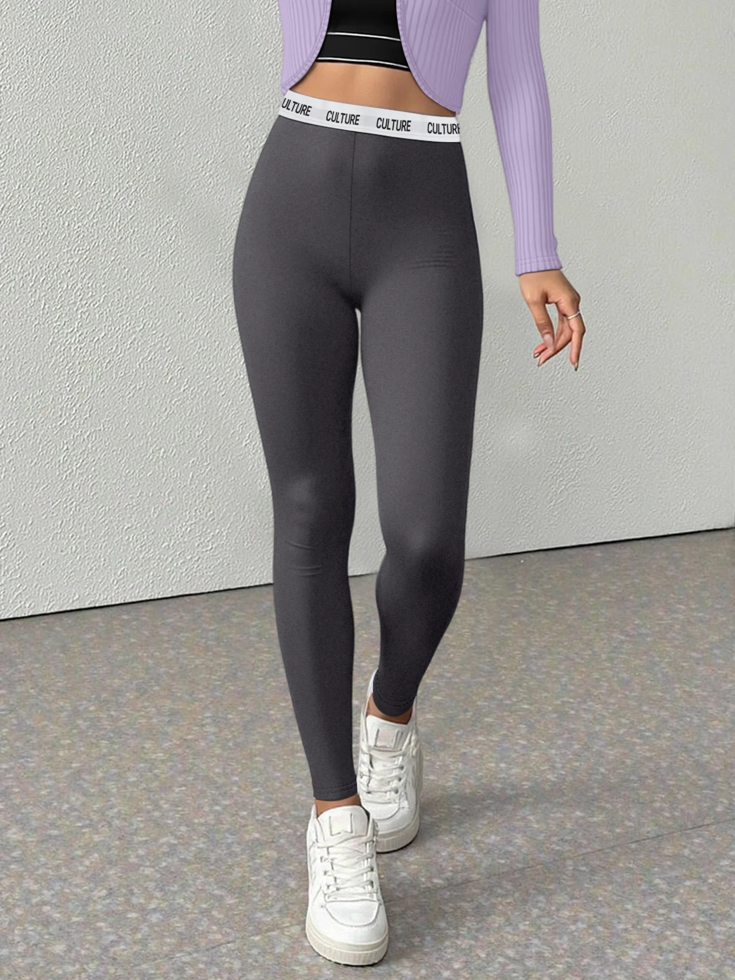 Spicy Girl Dark Grey High‑Rise Leggings Letter Jacquard Waistband Soft Lightweight Casual Full‑Length Skinny Pants